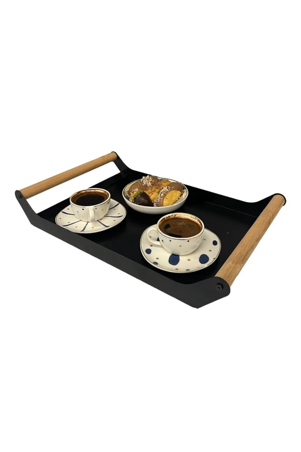 AHŞAP SAPLI 40X25 DEKORATİF METAL TEPSİ SİYAH, SUNUM, DEKORATİF TEPSİ - 7