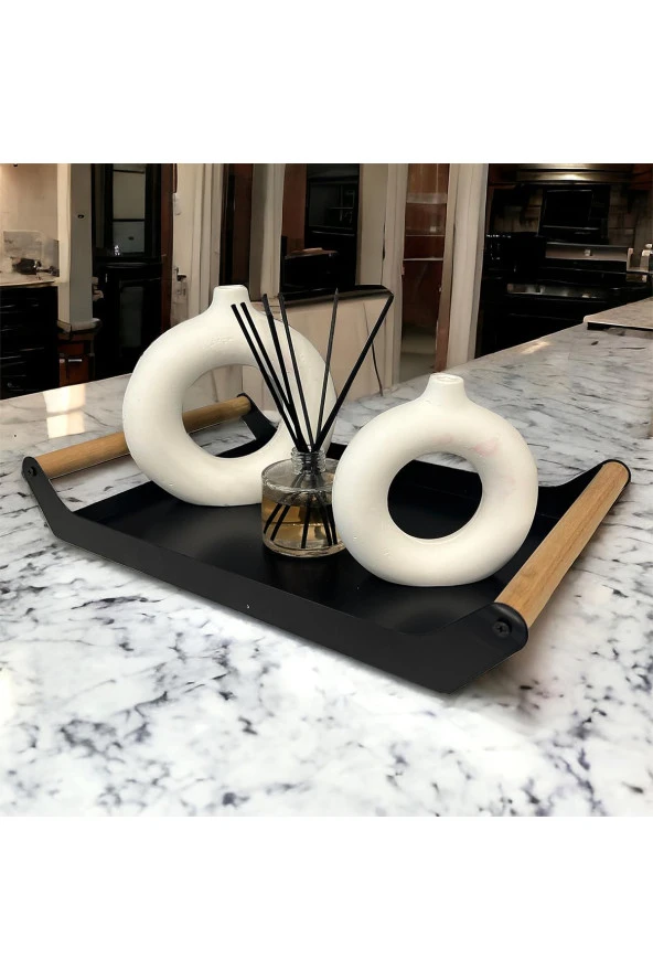 AHŞAP SAPLI 40X25 DEKORATİF METAL TEPSİ SİYAH, SUNUM, DEKORATİF TEPSİ - 9