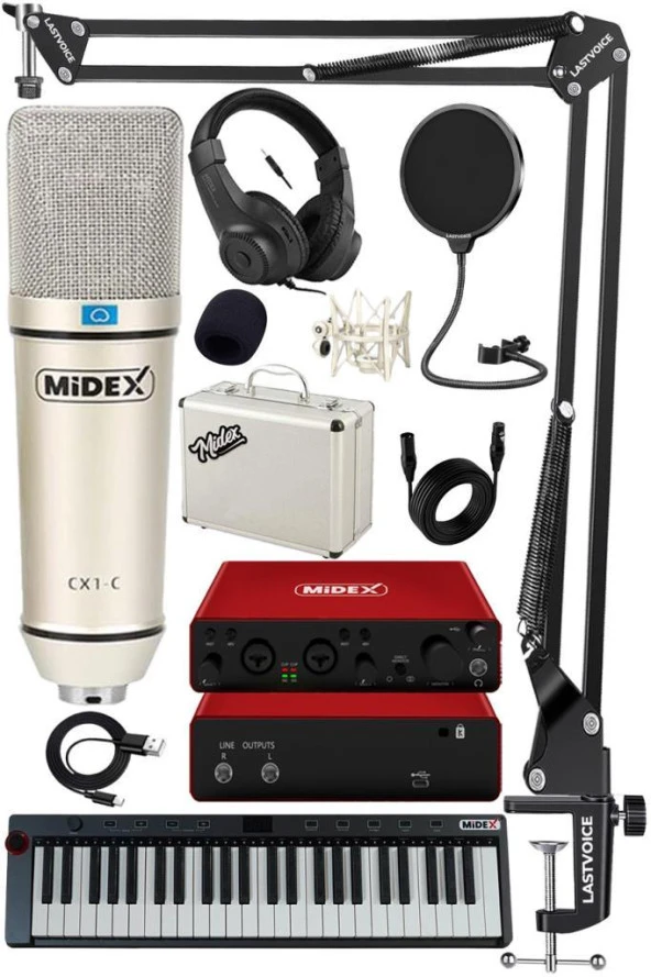 Midex Midi Paket-4 Stüdyo Ekipmanları Seti Ses Kartı Midi Klavye Mikrofon Kulaklık