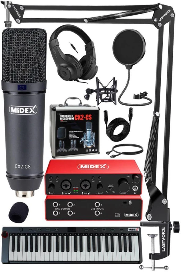 Midex Midi Paket-6 Stüdyo Ekipmanları Seti Ses Kartı Midi Klavye Mikrofon Kulaklık