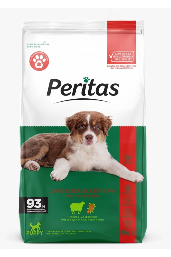 PERİTAS Kuzu Etli ve Yabani İğdeli Orta-Büyük Irk Yavru Köpek Maması 15 KG