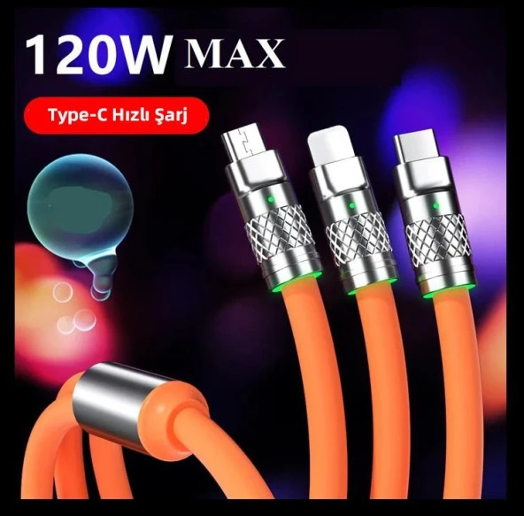 Zhltools 3 in 1 Usb to Type-C - Micro Usb - Lightning 120W Hızlı Şarj Kablosu 1.2 metre Turuncu - 2