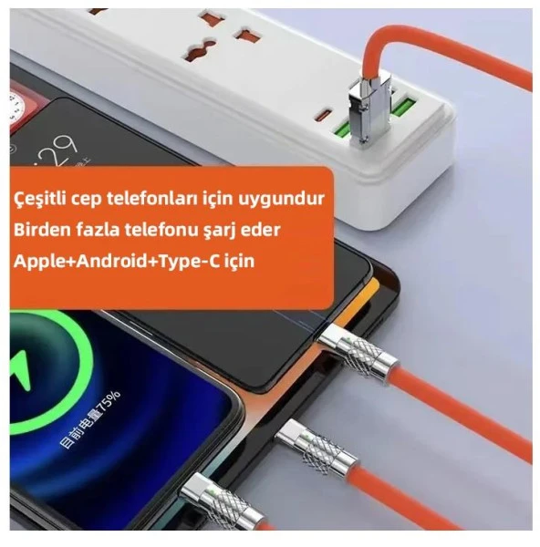 Zhltools 3 in 1 Usb to Type-C - Micro Usb - Lightning 120W Hızlı Şarj Kablosu 1.2 metre Turuncu - 3
