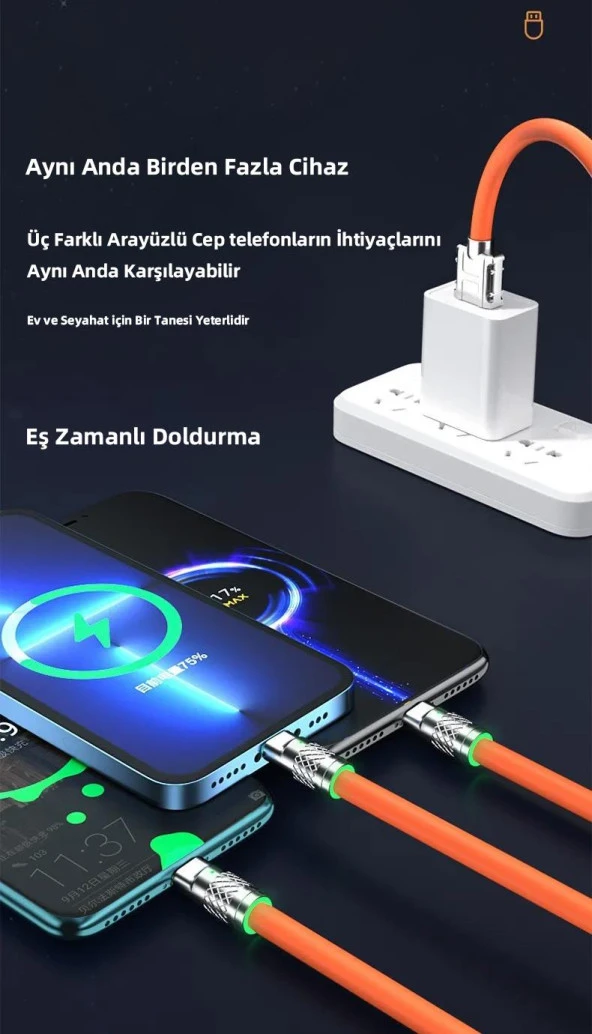 Zhltools 3 in 1 Usb to Type-C - Micro Usb - Lightning 120W Hızlı Şarj Kablosu 1.2 metre Turuncu - 7