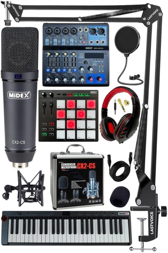 Stüdyo Ekipmanları Midi Live Paket-6 Ses Kartlı Mikser Midi Klavye CX2 Mikrofon Kulaklık Pad Controller