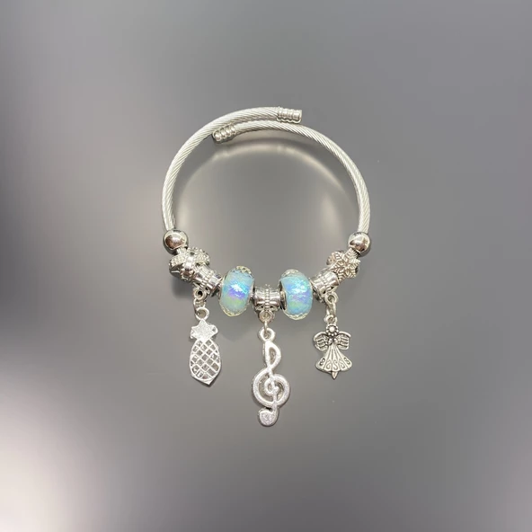 Melodinin İncisi: Müzik Nota Charmlı Parlak Pandora Model Gümüş Renkli Çelik Bileklik! - 1