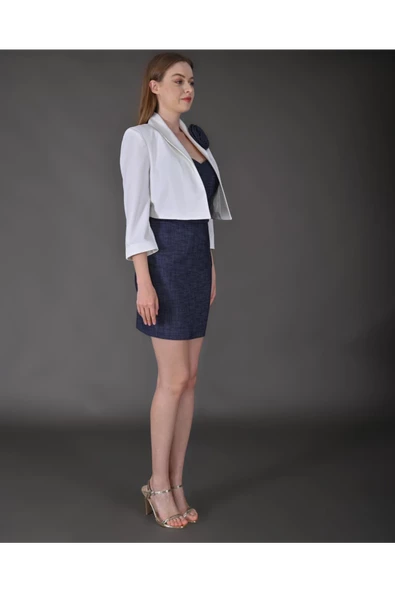 Modatalika Kadın Gül  Aksesuar Detaylı Blazer Ceket Ve Mini Denim Elbise - Resim 5