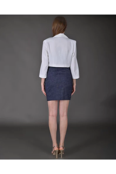 Modatalika Kadın Gül  Aksesuar Detaylı Blazer Ceket Ve Mini Denim Elbise - Resim 4