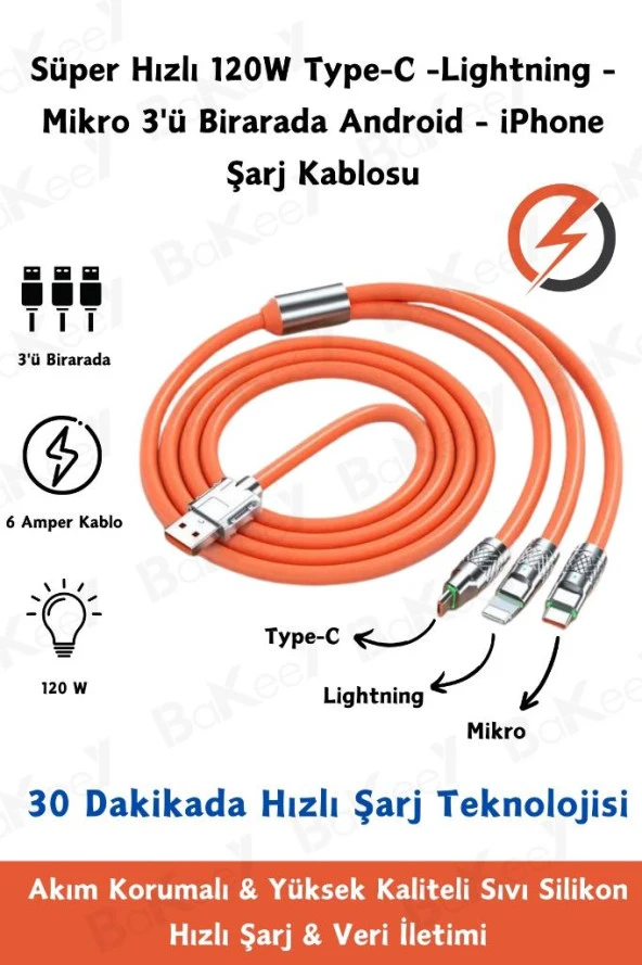 Type-C - Lightning - Mikro Usb 3 Çıkış 6A Taşınabilir Turbo Hızlı Şarj Aleti ve Data Kablosu