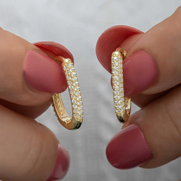 Himarry Gümüş Gold Çift Sıra Beyaz Taşlı J Kadın Küpe