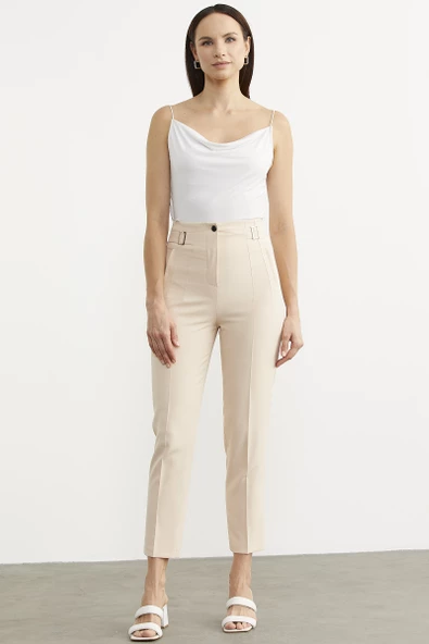 Dar Paça Yüksek Bel Kumaş Pantolon - Bej - Resim 2