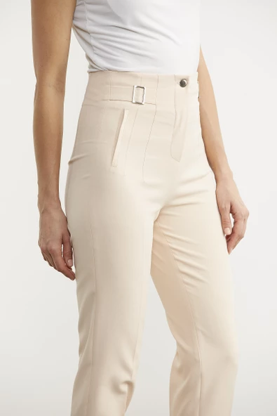 Dar Paça Yüksek Bel Kumaş Pantolon - Bej - Resim 4