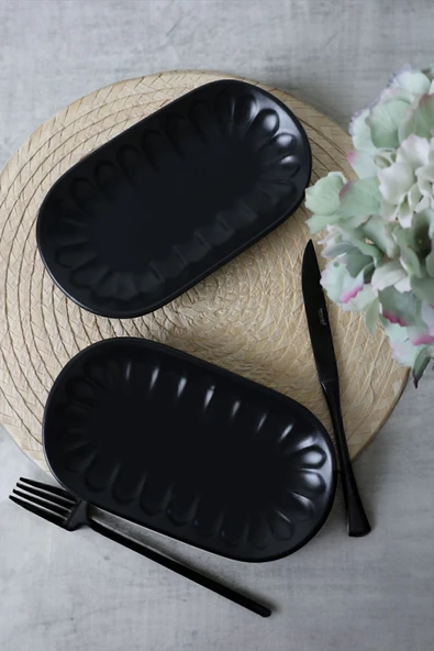 Keramika Mat Siyah Badem Kayık Tabak 22 Cm 2 Adet 956 - Resim 2