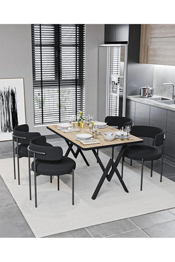 Avvio Alvin Teddy Sandalye 80x120 Yemek Masası Mutfak Masası 4 Kişilik Masa Sandalye Takımı(BUKLE KUMAŞ) ürün görseli