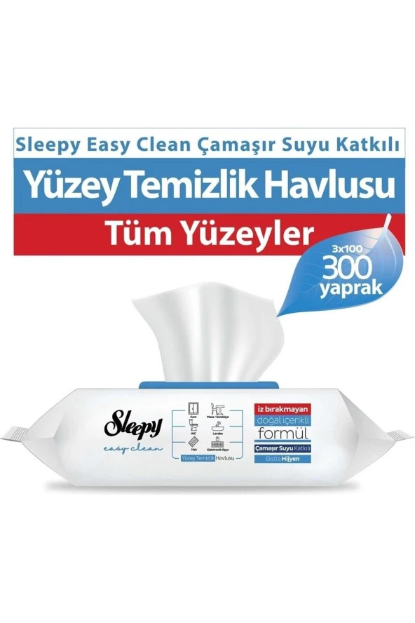 Sleepy Easy Clean Çamaşır Suyu Katkılı Yüzey Temizlik Havlusu 100' Lü X 3 Adet (300 YAPRAK)