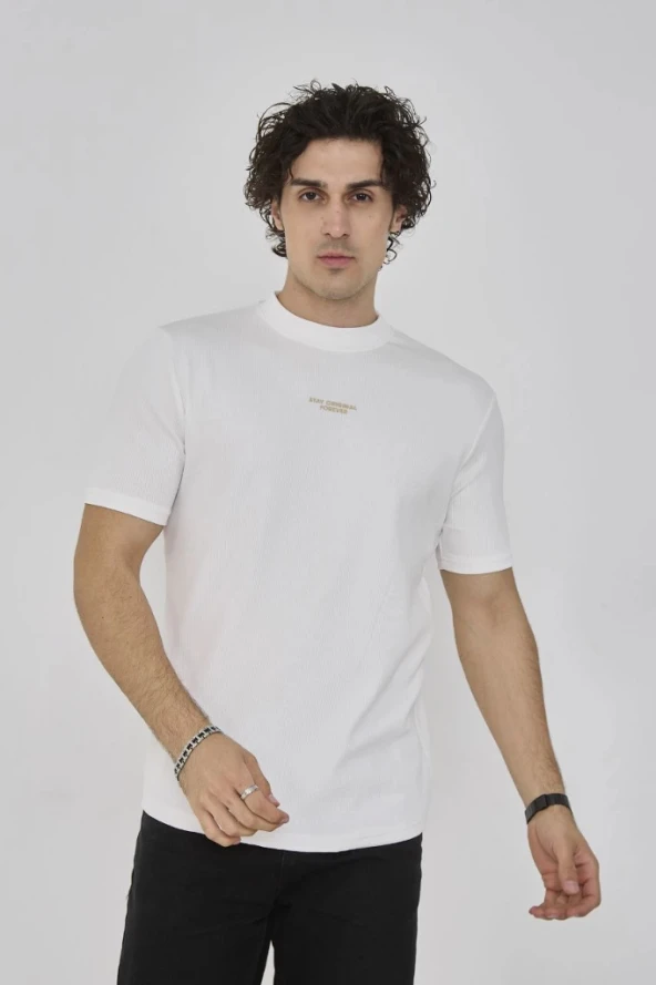 Unisex Bisiklet Yaka Slim fit T-Shirt- Beyaz