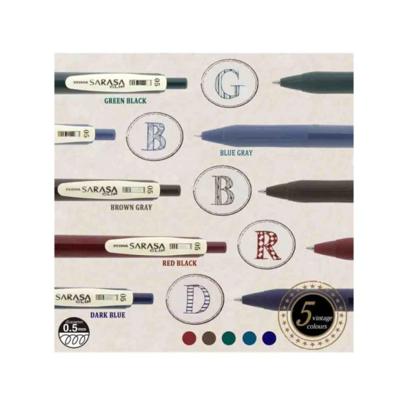 Zebra Sarasa Clip Jel Mürekkepli Kalem Vintage Set 0,5mm 5'li Set-1 - 3