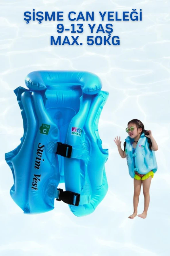 Mavi Renk ABC 9-12 Yaş Çocuklar İçin Şişme Havuz ve Deniz Can Yeleği, Yüzme Öğrenme Life West