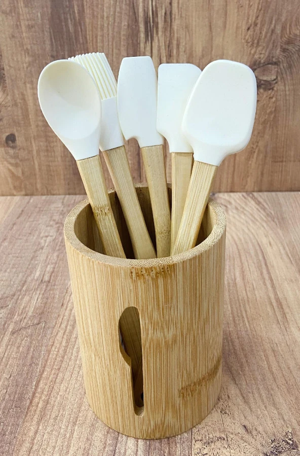 Bambu Kaşıklık Tezgazüstü Kaşıklık Ve Silikon Spatula Set