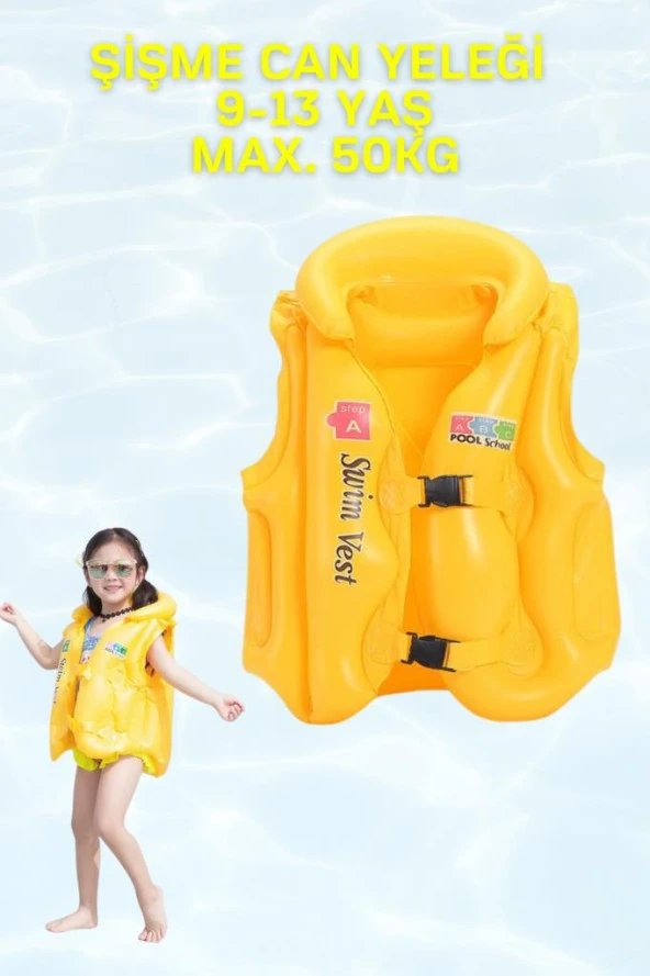 Sarı Renk ABC 9-12 Yaş Çocuklar İçin Şişme Havuz ve Deniz Can Yeleği, Yüzme Öğrenme Life West
