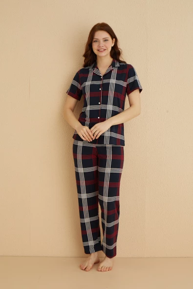 Dreamy Milan Bambu Kumaş Ekose Kareli Kısa Kollu Gömlek Pijama Takımı - 6