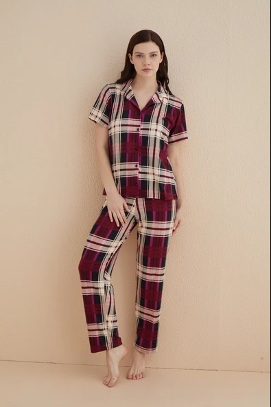 Dreamy Milan Bambu Kumaş Ekose Kareli Kısa Kollu Gömlek Pijama Takımı - 10