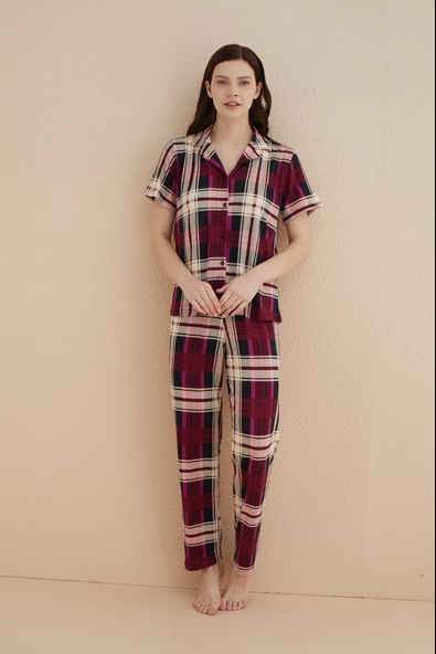 Dreamy Milan Bambu Kumaş Ekose Kareli Kısa Kollu Gömlek Pijama Takımı - 12