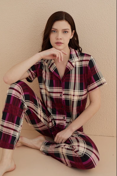 Dreamy Milan Bambu Kumaş Ekose Kareli Kısa Kollu Gömlek Pijama Takımı - 7