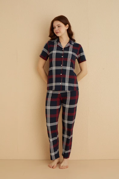 Dreamy Milan Bambu Kumaş Ekose Kareli Kısa Kollu Gömlek Pijama Takımı - 4