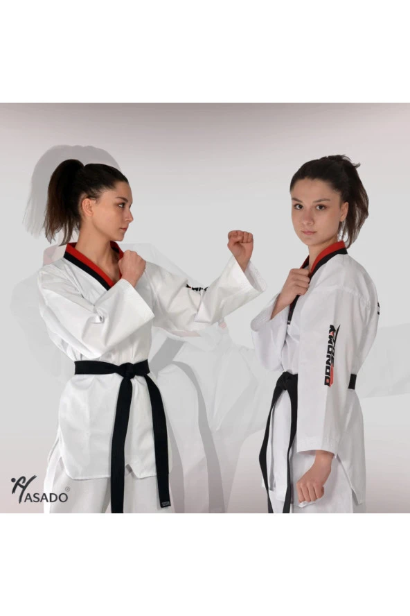 Şeritli Pum Yaka Fitilli Taekwondo Elbisesi Kırmızı-Siyah Yaka