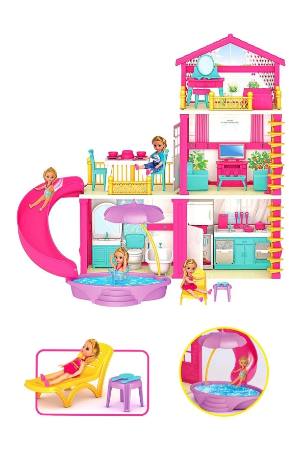 Lola'nın Tatil Evi 3 Katlı 4 Odalı Teraslı Su Kaydıraklı Barbie Bebek Evi Oyuncak Ev Seti 03742