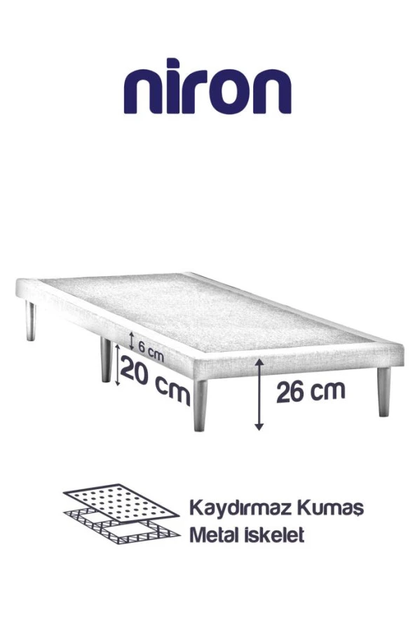 Niron Slim Karyola - 80x180 Tek Kişilik Baza - Metal İskeletli, Yüksek Ayaklı ve Keten Kumaşlı - 3
