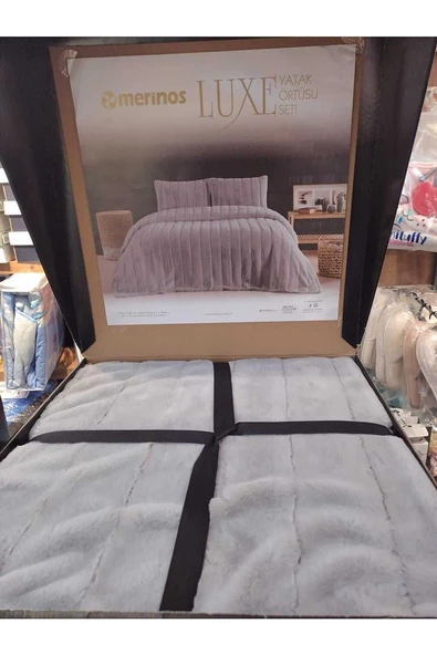 Luxe Çift Kişilik Yatak Örtüsü Seti - Gri Çizgi Model - 3