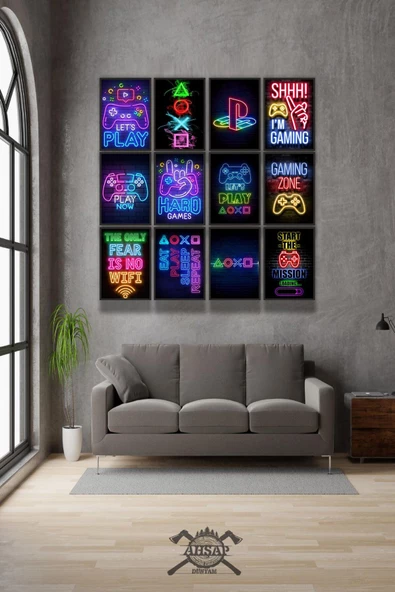 12 parça Neon Playstion Gamer Çerçeve Görünümlü Mdf tablo Duvar Süsü Hediyelik Eşya Yeni