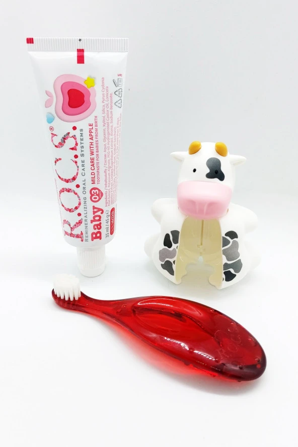 Rocs Baby Komple Ağız Bakım Seti - Bebek Diş Macunu + Bebek Diş Fırçası Kırmızı + Flipper Saklama İnek