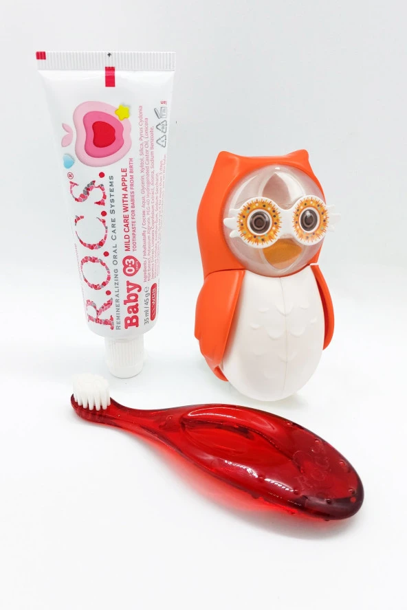 Rocs Baby Owl Bakım Seti - Bebek Diş Macunu + Diş Fırçası + Flipper Baykuş Saklama Kabı