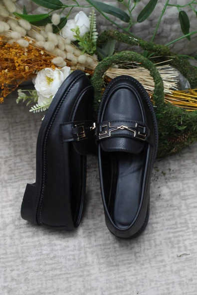 Fort 034-213 Siyah Cilt Toka Detaylı Rahat Loafer Kadın Ayakkabı - Resim 6