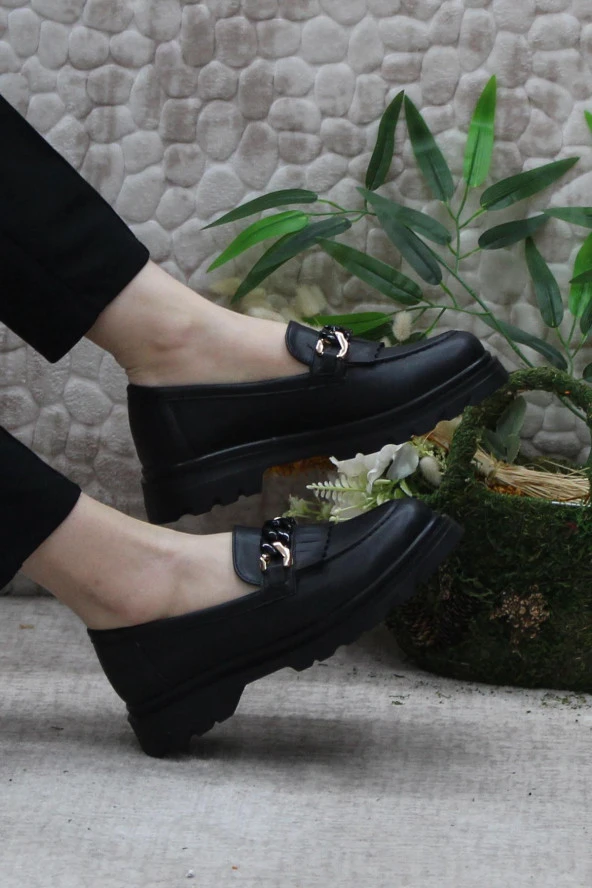 Fort 85116 Siyah Cilt Toka Detaylı Rahat Loafer Kadın Ayakkabı - Resim 5