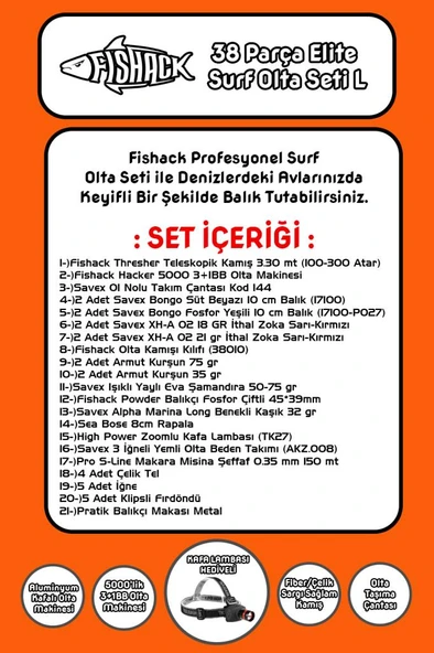 Fishack 38 Parça Surf Elite Deniz Olta Seti L - 3.30MT / 100-300GR - 2