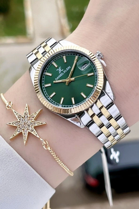 Daniel Klein DKISTE1083 Kadranı Yeşil Gold Gümüş Renk Hediye Paketli Takvimli Kadın Kol Saati ve Bileklik