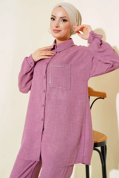 Yaka Ve Cep Taşlı Keten Takım Magenta - 2