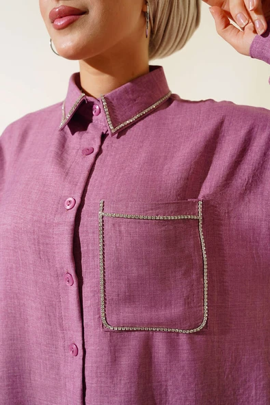 Yaka Ve Cep Taşlı Keten Takım Magenta - 4