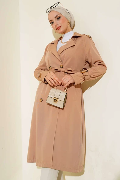 Apoletli Kruvaze Yaka Trençkot Latte - Resim 2