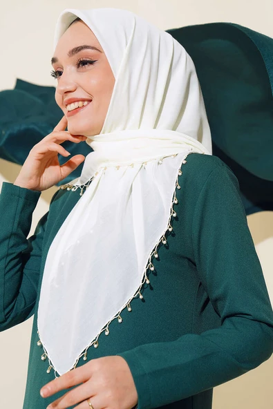 Kenarları Boncuk İşlemeli Yazma Eşarp Krem - 2