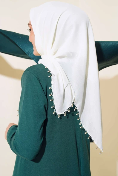 Kenarları Boncuk İşlemeli Yazma Eşarp Krem - Resim 3