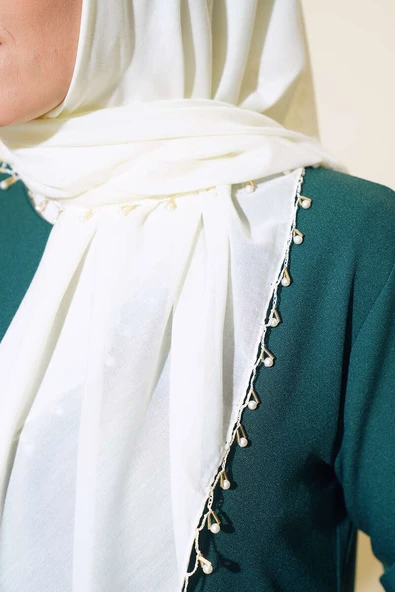 Kenarları Boncuk İşlemeli Yazma Eşarp Krem - Resim 4