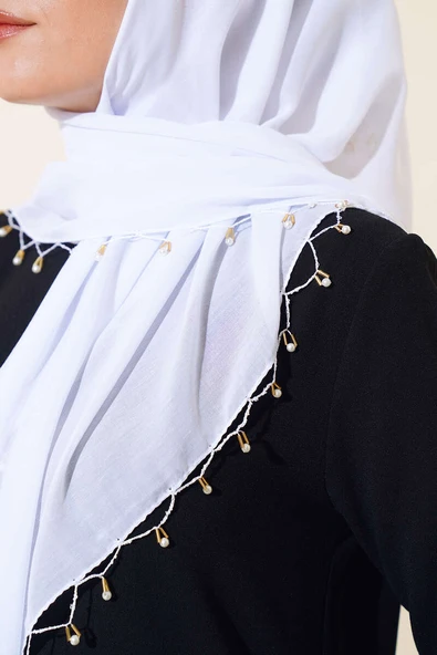 Kenarları Boncuk İşlemeli Yazma Eşarp Beyaz - Resim 4