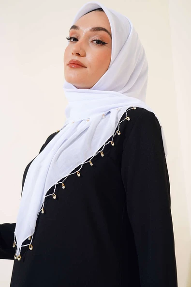 Kenarları Boncuk İşlemeli Yazma Eşarp Beyaz - Resim 2