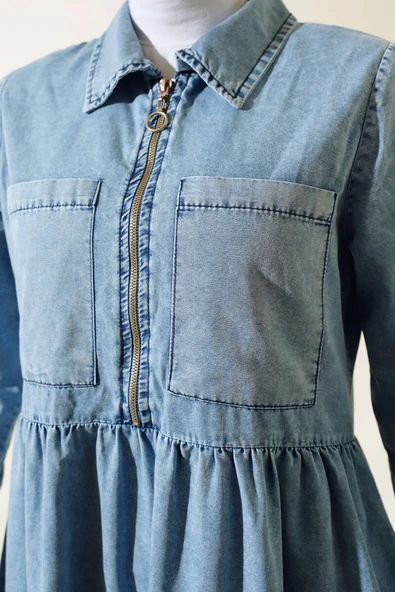 Çift Cepli Fermuarlı Kot Elbise Kot Mavisi - Resim 4