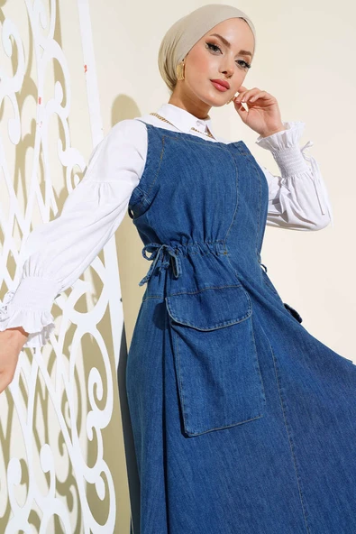 Çift Askılı Kot Jile Elbise Kot Mavisi - Resim 2